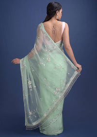 Mint Green Saree In Organza With Sequins, Beads And Gotta Patches In Floral Motifs Online - Kalki Fashion