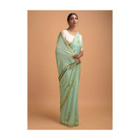 Mint Green Saree In Silk Adorned With Cut Dana Embellished Floral Motifs Online - Kalki Fashion