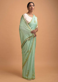 Mint Green Saree In Silk Adorned With Cut Dana Embellished Floral Motifs Online - Kalki Fashion