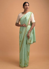 Mint Green Saree In Silk Adorned With Cut Dana Embellished Floral Motifs Online - Kalki Fashion