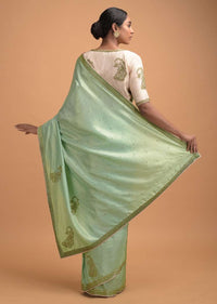 Mint Green Saree In Silk Adorned With Cut Dana Embellished Floral Motifs Online - Kalki Fashion