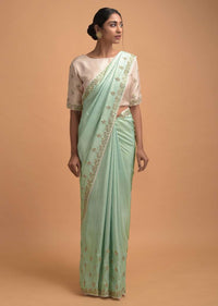 Mint Green Saree In Silk With Gotta Patch Embroidered Buttis And Border Online - Kalki Fashion