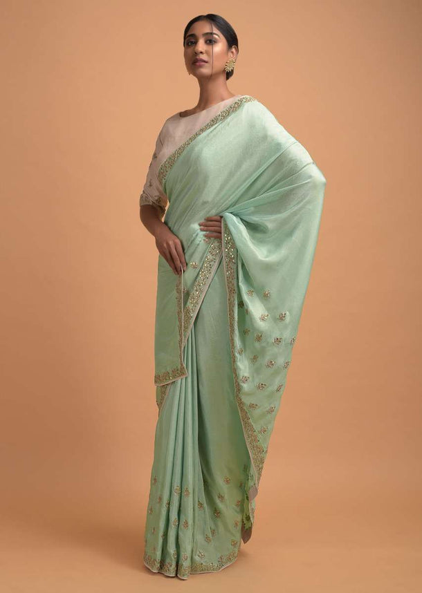 Mint Green Saree In Silk With Gotta Patch Embroidered Buttis And Border Online - Kalki Fashion