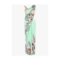 Mint green satin saree in geometric and floral motif only on Kalki