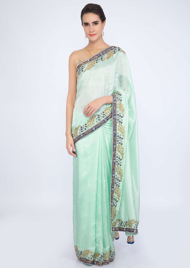 Mint green satin silk saree with embroidered border only on Kalki