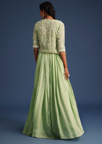 Mint Green Tissue Gown With Embroidered Jacket