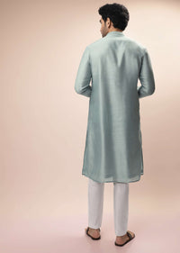 Mint Nehru Jacket And Kurta Set With Resham And Mirror Embroidered Tribal Buttis