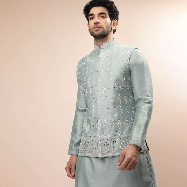 Mint Nehru Jacket And Kurta Set With Resham And Mirror Embroidered Tribal Buttis