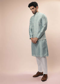 Mint Nehru Jacket And Kurta Set With Resham And Mirror Embroidered Tribal Buttis