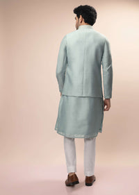 Mint Nehru Jacket And Kurta Set With Resham And Mirror Embroidered Tribal Buttis