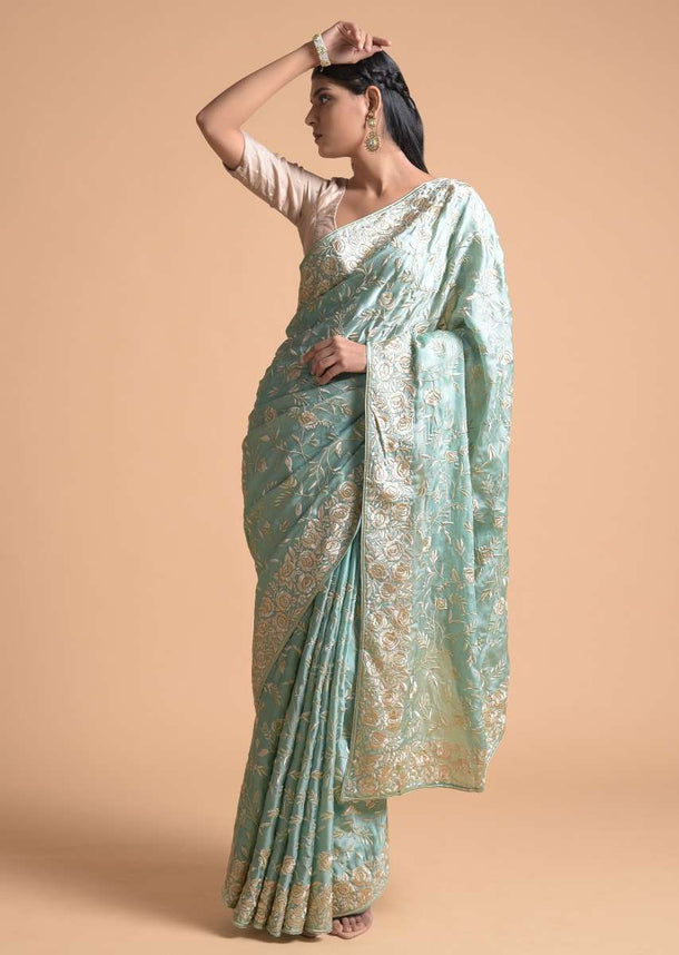 Mint Saree In Faux Silk With Parsi Embroidered Floral Jaal Using Cream Resham Online - Kalki Fashion