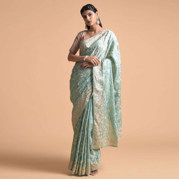 Mint Saree In Faux Silk With Parsi Embroidered Floral Jaal Using Cream Resham Online - Kalki Fashion