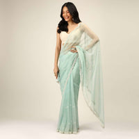 Mint Saree In Organza With Moti And Stones Embroidered Border And Butti Design