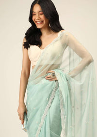 Mint Saree In Organza With Moti And Stones Embroidered Border And Butti Design