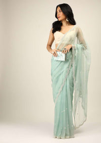 Mint Saree In Organza With Moti And Stones Embroidered Border And Butti Design