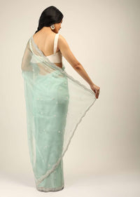 Mint Saree In Organza With Moti And Stones Embroidered Border And Butti Design