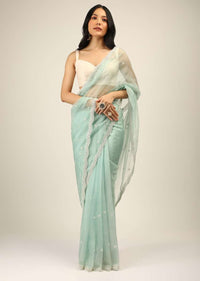 Mint Saree In Organza With Moti And Stones Embroidered Border And Butti Design