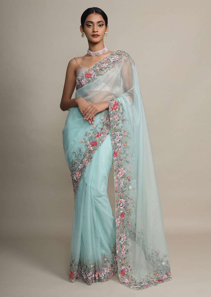 Mint Saree In Organza With Resham Embroidered Floral Design On The Border