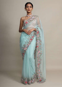 Mint Saree In Organza With Resham Embroidered Floral Design On The Border