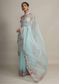 Mint Saree In Organza With Resham Embroidered Floral Design On The Border