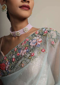 Mint Saree In Organza With Resham Embroidered Floral Design On The Border