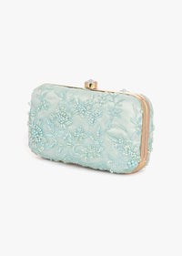 Mint Small Rounded Box Clutch In Embroidered Net With Cut Dana And Resham Embroidered Floral Motifs Placed In Abstract Design Online - Kalki Fashion