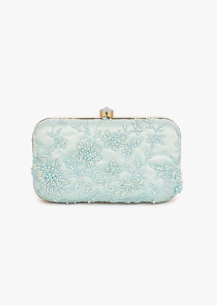 Mint Small Rounded Box Clutch In Embroidered Net With Cut Dana And Resham Embroidered Floral Motifs Placed In Abstract Design Online - Kalki Fashion