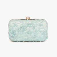 Mint Small Rounded Box Clutch In Embroidered Net With Cut Dana And Resham Embroidered Floral Motifs Placed In Abstract Design Online - Kalki Fashion