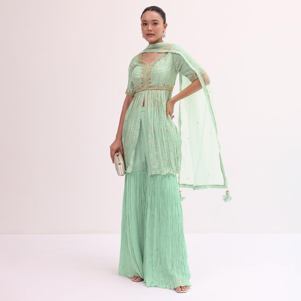 Mint Blue Embroidered Kurta Sharara Set