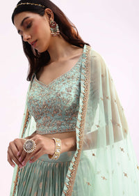 Mint Blue Embroidered Organza Lehenga Choli Set