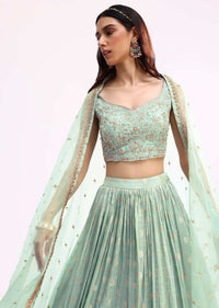 Mint Blue Embroidered Organza Lehenga Choli Set