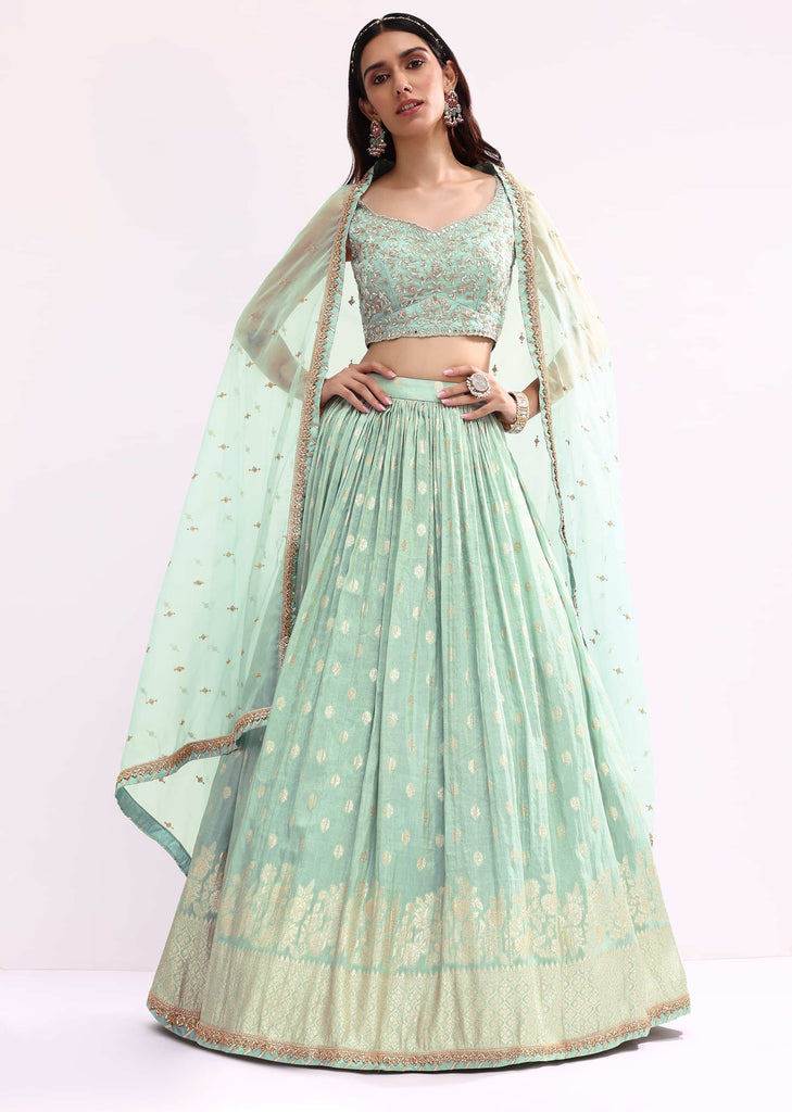 Mint Blue Embroidered Organza Lehenga Choli Set