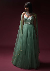 Mint Blue Indowestern Anarkali Suit In Net With Hand Embroidery Work Using Flower Cut Mirrors On The Bodice