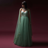 Mint Blue Indowestern Anarkali Suit In Net With Hand Embroidery Work Using Flower Cut Mirrors On The Bodice