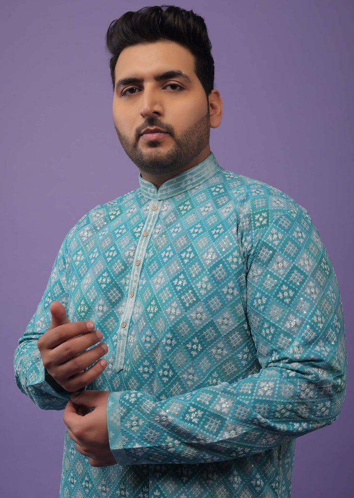 Mint Blue Kurta Set In Silk With Thread Embroidery