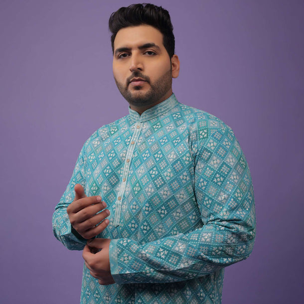 Mint Blue Kurta Set In Silk With Thread Embroidery