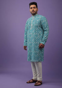 Mint Blue Kurta Set In Silk With Thread Embroidery