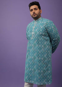 Mint Blue Kurta Set In Silk With Thread Embroidery