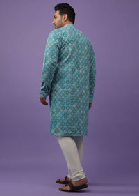 Mint Blue Kurta Set In Silk With Thread Embroidery