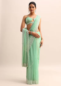 Mint Blue Organza Saree With Cutdana Embroidery And Scallop Border With Unstitched Blouse