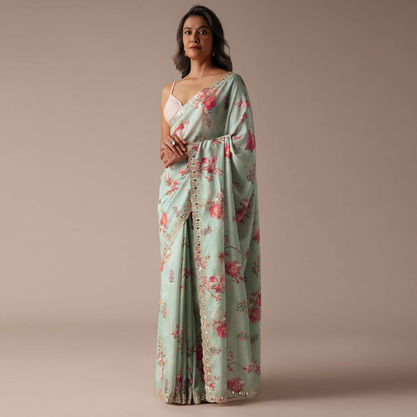 Mint Blue Saree In Muslin With Floral Print And Embroidery In Gotta Patti Work