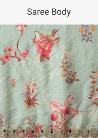 Mint Blue Saree In Muslin With Floral Print And Embroidery In Gotta Patti Work