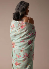 Mint Blue Saree In Muslin With Floral Print And Embroidery In Gotta Patti Work