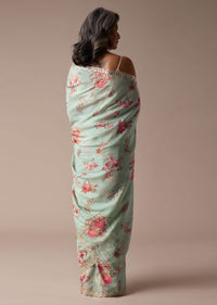 Mint Blue Saree In Muslin With Floral Print And Embroidery In Gotta Patti Work