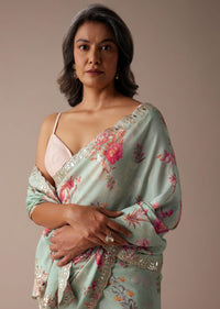 Mint Blue Saree In Muslin With Floral Print And Embroidery In Gotta Patti Work