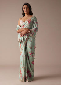 Mint Blue Saree In Muslin With Floral Print And Embroidery In Gotta Patti Work