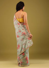 Mint Blue Saree In Muslin With Floral Print And Embroidery In Gotta Patti Work