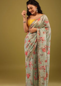 Mint Blue Saree In Muslin With Floral Print And Embroidery In Gotta Patti Work