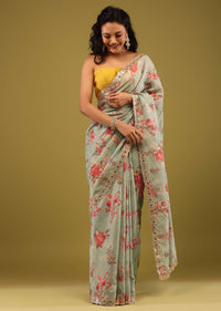 Mint Blue Saree In Muslin With Floral Print And Embroidery In Gotta Patti Work