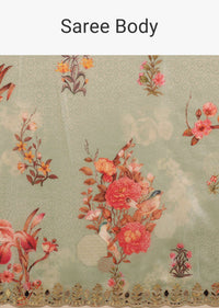 Mint Blue Saree In Muslin With Floral Print And Embroidery In Gotta Patti Work